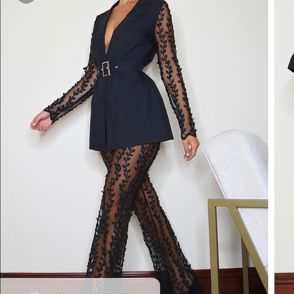 Black Woven Sheer Lace Flared Pants 